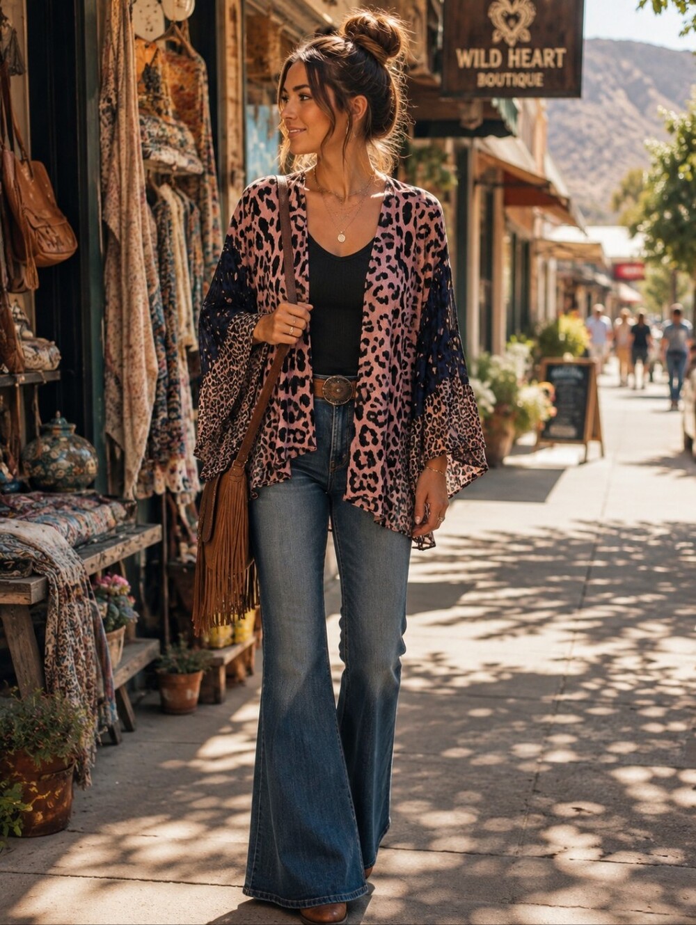 #43 Boho Leopard Print Flare Kimono in Pink